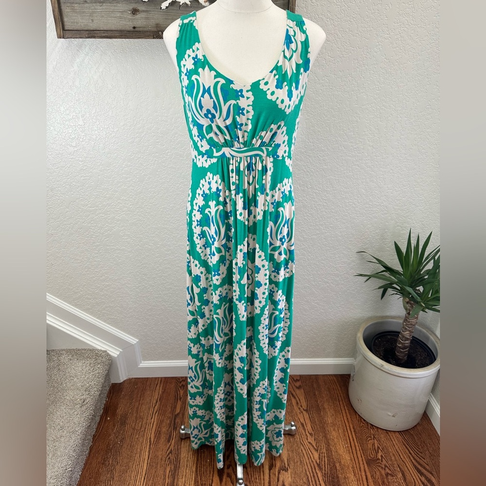 Boden stretch jersey damask print knit maxi dress blue green print ladies‎ US 8